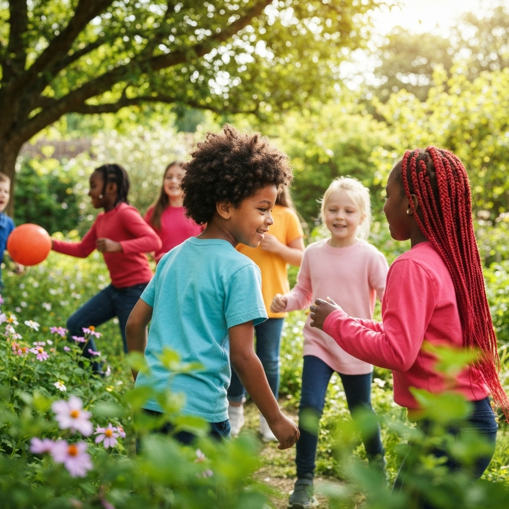 Children playing in outdoor garden